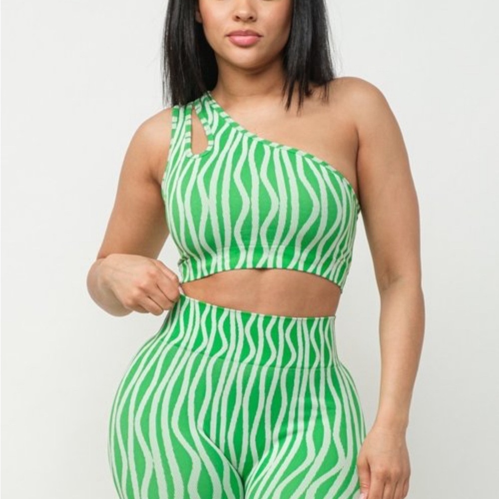 Vibrant One Shoulder Green Zebra Print Asymmetrical Top and Short Set